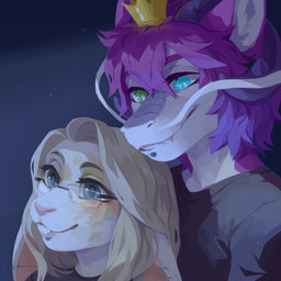 anthro black_clothing black_topwear blonde_hair blue_eyes clothed clothing duo ear_piercing ear_ring eyelashes eyewear facial_piercing fangs female fur glasses green_eyes grey_eyes hair heterochromia horn industrial_piercing lip_piercing lip_stud messy_hair orange_body orange_fur orange_inner_ear piercing pink_nose purple_hair purple_horn ring_piercing short_hair simple_background stud_piercing teeth topwear unsigned white_body white_fur yellow_body yellow_fur corzh77 mythology dragon lagomorph leporid mammal mythological_creature mythological_scalie rabbit scalie 1:1 absurd_res hi_res