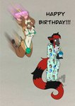 anthro breasts bulge clothing cupcake dessert detailed_bulge duo food gynomorph intersex male pajamas text noah_maxine deer mammal absurd_res digital_media_(artwork) english_text hi_res trans_(lore)