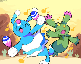 ambiguous_gender blue_body cactus duo eyelashes eyes_closed fangs feral green_body happy maraca mesa_(landscape) musical_instrument musical_note musical_symbol one_eye_closed open_mouth percussion_instrument plant symbol tail teeth tongue yellow_eyes sleepy_sealion nintendo pokemon brionne elemental_creature flora_fauna generation_5_pokemon generation_7_pokemon maractus pokemon_(species) 2026 5:4 absurd_res dated hi_res signature