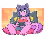 anthro arm_tuft barefoot bottomwear breasts chest_tuft clothed clothed_anthro clothed_female clothing eyebrows feet female female_anthro fingers front_view fur gaming looking_at_viewer mouth_closed pillow pink_body pink_face pink_fur pink_tail playing_video_game shorts shoulder_tuft sitting solo tail topwear tuft rariatoo nintendo nintendo_switch penny_(anaugi) domestic_cat felid feline felis mammal 2019 digital_drawing_(artwork) digital_media_(artwork) full-length_portrait portrait