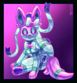abstract_background ambiguous_gender ankle_cuffs bdsm blush bondage_gear bow_ribbon butt collar cuff_(restraint) feet female feral glistening glistening_body glistening_latex green_eyes head_bow infinity_symbol latex leg_behind_head looking_at_viewer mouthless null_bulge pawpads paws pink_ears pink_nose pink_paws pink_tail presenting presenting_hindquarters purple_pawpads raised_leg restraints ribbons screen screen_face sitting sitting_on_ground soles solo spread_legs spreading symbol tail toes visor_eyes wrist_cuffs mintychipart nintendo pokemon rubbermon eeveelution felid feline generation_6_pokemon mammal pokemon_(species) sylveon 2025 digital_drawing_(artwork) digital_media_(artwork) hi_res krita_(artwork) shaded