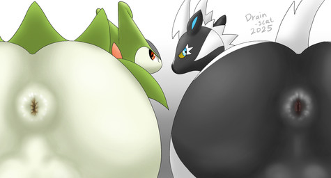 anus anus_focus balls black_body blue_eyes butt butt_focus duo feral genitals green_body looking_back male multicolored_body puffy_anus rear_view red_eyes simple_background two_tone_body white_background white_body drain_scat nintendo pokemon equid equine generation_5_pokemon legendary_pokemon mammal pokemon_(species) virizion zebstrika hi_res