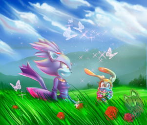 anthro clothed clothing cloud dipstick_tail duo female flower gem hair markings multicolored_tail outside plant ponytail smile sparkles tail tail_markings wind neylatl sega sonic_the_hedgehog_(series) blaze_the_cat cream_the_rabbit arthropod butterfly domestic_cat felid feline felis insect lagomorph lepidopteran leporid mammal rabbit