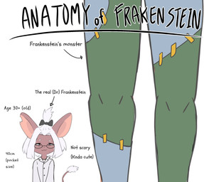 ambiguous_gender anthro big_ears biped clothing coat duo extreme_size_difference eyewear female glasses hair lab_coat mole_on_cheek notched_ear size_difference smug_grin stitched_body surgical_suture tail tail_tuft text topwear tuft wearing_glasses white_hair saeko_art anatomy_of_a_gamer frankenstein's_monster lily_(saeko_art) humanoid mammal monster monstrous_humanoid mouse murid murine rodent undead 2025 english_text hi_res male_(lore)