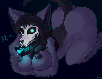 anthro areola big_butt black_hair black_sclera blue_eyes bone breasts butt female hair looking_at_viewer nipples nude one_eye_closed skull skull_head wink winking_at_viewer conditional_dnp skoon scp_foundation scp-1471-a canid canine canis ghost malo mammal monster spirit wolf absurd_res hi_res