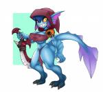 anthro big_breasts blue_hair breasts claws crossgender female hair hood nipple_outline non-mammal_breasts orange_eyes sharp_teeth simple_background solo teeth thick_thighs toe_claws under_boob weapon lewdreaper dota valve slark_the_nightcrawler fish marine absurd_res hi_res