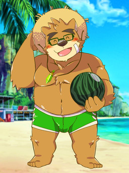 anthro blush brown_body brown_fur bulge clothing eyewear food fruit fur glasses hat headgear headwear humanoid_hands male melon navel outside plant slightly_chubby solo straw_hat swimwear watermelon bumomomoboa lifewonders tokyo_afterschool_summoners volos_(tas) bear mammal 2019 3:4
