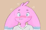 anthro big_ears blush clothing fur heart_symbol male multicolored_ears nervous_grin pink_body pink_face shirt solo teeth topwear white_clothing white_shirt white_topwear unknown_artist qper_(pinkshonen) alien humanoid lagomorph leporid mammal bust_portrait portrait