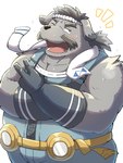 anthro belly big_belly blush bodily_fluids facial_hair grey_body kemono male mature_male mustache one_eye_closed overweight overweight_male simple_background solo sweat towel white_background wink emufu canid canine canis domestic_dog mammal 2024 3:4 hi_res