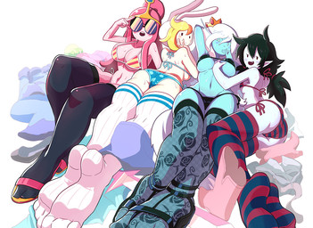 4_toes back_boob bare_back bare_shoulders big_breasts bikini blush bodily_fluids boots breasts butt cleavage clothed clothing crown eyewear fangs feet female fishnet_clothing fishnet_legwear food food_hair foot_focus footwear grope group hair hand_on_breast headgear humanoid_pointy_ears legwear lingerie looking_at_viewer looking_back looking_back_at_viewer navel not_furry panties pattern_clothing pattern_legwear pointy_ears pseudo_hair rear_view sandals shoes side_boob skimpy small_breasts snaggle_tooth stockings striped_clothing striped_legwear stripes sunglasses sweat swimwear teeth thigh_highs tiara toes two-piece_swimsuit under_boob underwear gashi-gashi adventure_time cartoon_network fionna_the_human ice_queen marceline_abadeer princess_bubblegum human humanoid mammal vampire