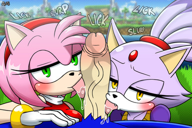 accessory anthro big_penis blush bodily_fluids fellatio female genitals green_eyes green_hill_zone group hair hair_accessory hand_on_leg hand_on_thigh hero huge_penis licking lidded_eyes looking_at_viewer male male/female oral outside_sex penile penis ponytail pov_blowjob princess royalty saliva sex text tongue trio yellow_eyes seminalspatz sega sonic_the_hedgehog_(series) amy_rose blaze_the_cat sonic_the_hedgehog domestic_cat eulipotyphlan felid feline felis hedgehog mammal absurd_res hi_res