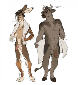 2_horns 4_toes 5_fingers after_shower anthro balls biped brown_body brown_eyes brown_fur brown_hair cheek_tuft duo ear_piercing ear_ring facial_tuft feet fingers foreskin fur genitals grey_body grey_fur hair half-erect hooves horn humanoid_genitalia humanoid_penis long_ears looking_at_another looking_at_another's_penis looking_at_genitalia looking_at_penis male markings nude penis piercing ring_piercing simple_background tail toes towel towel_around_neck towel_only tuft white_body white_fur yanus_(artist) zeeb_(zeebthehare) bovid bovine cattle hare lagomorph leporid mammal digital_media_(artwork) hi_res