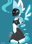 anthro blood blue_background blue_body bodily_fluids bottomwear chest_tuft clothed clothing fur machine midriff navel screen screen_face simple_background skirt solo tuft hydrabb robot 2022 digital_media_(artwork) lineless signature