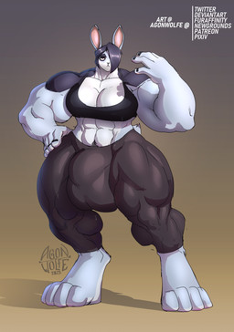 abs anthro balls_outline big_breasts big_bulge big_muscles black_nails breasts bulge colored_nails detailed_bulge digitigrade female genital_outline gynomorph hand_on_hip huge_breasts huge_bulge huge_muscles hyper hyper_muscles intersex muscular muscular_anthro muscular_female muscular_gynomorph muscular_intersex nails pecs pecs_with_breasts solo agonwolfe ruth_(peculiart) hare lagomorph leporid mammal absurd_res hi_res