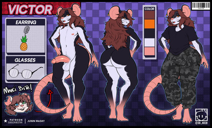 anthro balls big_butt black_clothing black_nails black_shirt black_topwear bottomwear butt camo camo_bottomwear camo_clothing camo_pants camo_print claws clothed clothed_anthro clothed_male clothing colored_nails ear_piercing ear_ring eyewear feet femboy finger_claws food fruit fruit_ear_piercing fur genitals glasses grey_body grey_fur hair huge_butt huge_thighs humanoid_genitalia humanoid_penis long_hair male multicolored_body nails nipples nude_anthro nude_male orange_eyes pants pattern_bottomwear pattern_clothing pattern_pants penis piercing pineapple pink_feet pink_hands pink_nipples pink_penis pink_tail plant pubes red_hair ring_piercing shirt slim slim_male solo tail thick_thighs toe_claws topwear two_tone_body whiskers white_body white_fur jui_nichi victor_(victor7mb) mammal murid murine rat rodent 2026 absurd_res digital_drawing_(artwork) digital_media_(artwork) hi_res model_sheet signature