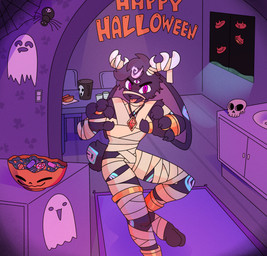 anklet anthro antlers black_body black_fur black_hair bracelet candy_bowl clothing costume ears_down fur gold_(metal) gold_anklet gold_bracelet gold_jewelry gold_legband gold_ring hair half-closed_eyes holidays horn jewelry male mummy_costume mummy_wrappings narrowed_eyes necklace pivoted_ears smile smirk smug smug_face solo text tongue tongue_out xing1 halloween juno_(jackel_usami) jackalope lagomorph mammal absurd_res english_text hi_res