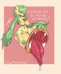 absurd_res big_breasts big_tongue bodily_fluids breasts dialogue elemental_creature elemental_humanoid eyelashes fangs featureless_breasts featureless_crotch female flora_fauna fusion gardevoir generation_1_pokemon generation_3_pokemon green_body green_hair hair hair_over_eye hi_res humanoid hybrid lavtheghost navel nintendo nude one_eye_obstructed pink_background plant plant_humanoid pokemon pokemon_(species) pokemon_fusion red_eyes saliva saliva_on_tongue simple_background solo talking_to_viewer teeth text thick_thighs unusual_anatomy unusual_mouth_placement victreebel wide_hips yellow_body