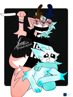 accessory anthro antlers blue_body clothing duo eyeless flower flower_in_hair hair hair_accessory horn killing knife male male/male pink_body plant scut_tail shirt short_tail tail topwear voidlyvessel pixile_studios super_animal_royale coffepancacke_(voidlyvessel) deer mammal 3:4 absurd_res hi_res