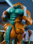 abs anthro balls bedroom_eyes big_balls big_muscles big_penis blue_body blue_scales flaccid foreskin genitals grin gym huge_balls huge_penis humanoid_genitalia humanoid_penis inside looking_at_viewer male muscular muscular_male narrowed_eyes nude orange_body orange_scales pecs penis scales seductive smile solo standing towel vein veiny_penis snekkuu zheko crocodile crocodilian reptile scalie 2024 3:4 3d_(artwork) digital_media_(artwork) hi_res