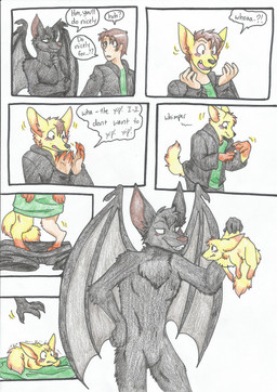 anthro bat_wings black_body black_fur black_nose blush brown_nose clothing duo fangs feral forced forced_transformation fur green_eyes hair human_to_feral male membrane_(anatomy) membranous_wings open_mouth orange_body orange_fur scared sharp_teeth shrinking size_transformation species_transformation teeth text transformation wings yellow_body yellow_fur rainbowraven bat canid canine fennec_fox fox human mammal true_fox absurd_res comic english_text hi_res traditional_media_(artwork)