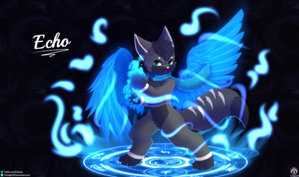 ambiguous_gender anthro aura blue_wings dark_body dark_fur fur magic magical_circle pawpads power scarf solo standing text wings senz canid canine canis hybrid mammal wolf absurd_res hi_res url