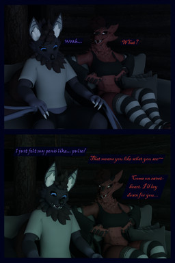 anthro arm_warmers armwear blue_eyes clothing dialogue female fur leg_warmers legwear looking_aroused male nipples purple_body purple_fur red_body red_fur shirt text topwear flailingfornication bat mammal origin_species 2:3 3d_(artwork) absurd_res comic digital_media_(artwork) english_text hi_res mother_(lore) parent_(lore) son_(lore)