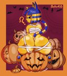 anus anus_peek bandage big_butt blue_body blue_eyes blue_fur blue_hair border butt chest_wraps clothing egyptian egyptian_clothing egyptian_headdress female food fruit fur hair holidays huge_butt jack-o'-lantern looking_at_viewer looking_back looking_back_at_viewer markings orange_border pattern_background pawpads plant pumpkin purple_background question_mark rear_view short_hair simple_background sitting solo striped_markings striped_tail stripes tail tail_markings wide_hips wraps yellow_body yellow_fur ballerkid animal_crossing halloween nintendo ankha_(animal_crossing) animal_humanoid cat_humanoid felid felid_humanoid feline feline_humanoid humanoid mammal mammal_humanoid absurd_res hi_res