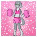 anthro black_nose border bottomwear bra claws clothed clothing crossdressing facial_markings fur gloves_(marking) green_eyes grey_body grey_fur head_markings leg_markings markings midriff navel pink_bottomwear pink_clothing pink_skirt pleated_skirt pom_poms skirt socks_(marking) solo sports_bra standing tail underwear white_border ponponthebonbon moodytail_(character) canid canine canis domestic_dog mammal 1:1 2025 digital_drawing_(artwork) digital_media_(artwork) hi_res