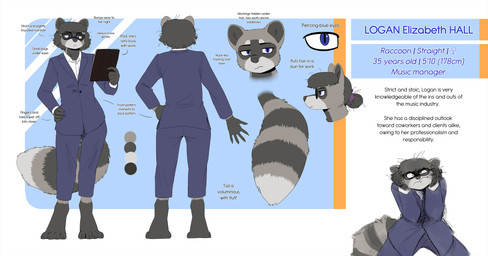 4_toes anthro barefoot black_hair breasts business_suit businesswear claws clothed clothing digitigrade eyewear facial_markings feet female fluffy fluffy_tail frazzled_hair front_view frown fully_clothed glasses hair hair_bun head_markings markings mask_(marking) paws rear_view solo standing striped_markings striped_tail stripes suit tablet_computer tail tail_markings text toe_claws toes the-minuscule-task apple_inc. ipad logan_hall mammal procyonid raccoon 2025 english_text hi_res model_sheet