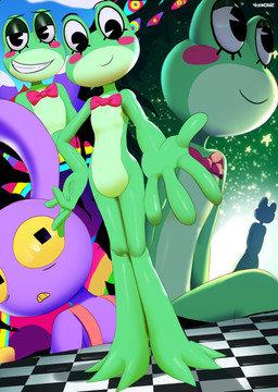 anthro bow_tie duo female glistening glistening_body glistening_legs green_body male purple_body red_bow_tie toony yellow_sclera ichimoral glitch_productions the_amazing_digital_circus jax_(tadc) ribbit_(tadc) abstraction_(tadc) amphibian frog lagomorph leporid mammal rabbit 2026 absurd_res digital_media_(artwork) hi_res