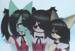 3_fingers :3 accessory anthro bangs black_eyebrows black_hair black_lips black_nose black_ribbon blue_background blue_sky blush clothing empty_eyes eyebrows eyelashes female fingers fluffy fluffy_chest fur green_body green_ears group hair hair_accessory hairclip hand_on_chest hand_on_face kemono lips long_hair looking_at_another looking_at_viewer no_pupils noseless one_eye_obstructed pigtails pointy_ears prick_ears pupils red_clothing red_eyes red_hair_tie red_topwear ribbons simple_background sky smile suspenders tan_body tan_ears tan_fur text tied_hair tired tired_eyes topwear trio white_body white_eyelashes white_eyes yellow_eyes hasukii needy_streamer_overload ame-chan hazuki_mikami_(hasukii) mynt_(kittery) canid canine felid feline mammal hi_res