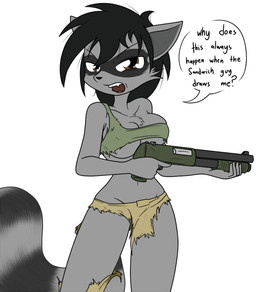 anthro big_breasts black_body black_fur black_hair black_stripes bottomwear breasts brown_eyes cleavage clothed clothing crop_top denim denim_bottomwear denim_clothing denim_shorts dialogue female fingers fur grey_body grey_fur gun hair looking_at_viewer multicolored_body multicolored_fur navel pants ranged_weapon shirt shorts shotgun simple_background solo standing striped_body striped_fur stripes talking_to_viewer teeth text tongue topwear torn_bottomwear torn_clothing torn_pants under_boob weapon white_background sandwich-anomaly shelby_(gonein10seconds) mammal procyonid raccoon 2015 digital_media_(artwork) english_text