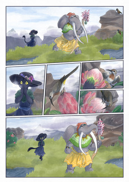 ambiguous_gender anthro biped black_body black_fur black_tail blue_sky clothed clothing cloud day flower fur grass grey_body hat headgear headwear holding_object male outside plant proboscis_(anatomy) rock sky snow snowing tail trunk_(anatomy) bjekkergauken imbali_(bjekkergauken) isilo_(bjekkergauken) avian bird elephant elephantid mammal proboscidean unknown_species 2025 comic hi_res
