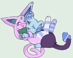 ambiguous_gender blue_background blue_body blue_fur duo feral feral_on_feral fur hug pink_body pink_fur simple_background bloowolfy nintendo pokemon eeveelution espeon generation_2_pokemon generation_4_pokemon pokemon_(species) shinx 2024 hi_res