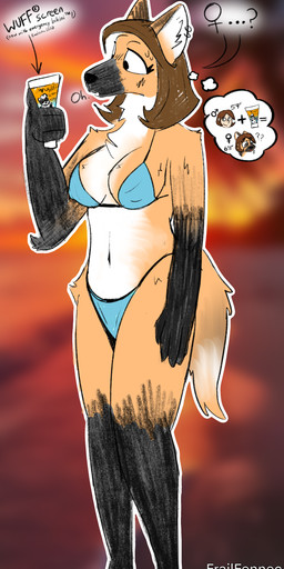 after_transformation anthro arm_tuft beach belly bikini bikini_thong bikini_top black_body black_fur blue_bikini blue_clothing blue_swimwear blurred_background bodily_fluids brown_hair clothing curly_hair dipstick_nose dipstick_tail directional_arrow ear_piercing ear_ring facial_markings female female_symbol fur gender_symbol gender_transformation gloves_(marking) grey_body grey_fur hair head_markings hip_tuft holding_object implied_transformation larger_female leg_markings male markings mask_(marking) math mtf_transformation multicolored_body multicolored_fur nipple_outline orange_background orange_body orange_fur piercing ring_piercing shoulder_tuft simple_background simple_coloring size_difference slim slim_female snout socks_(marking) solo species_transformation standing straight_hair sunscreen sunset sweat sweatdrop swimwear symbol tail tail_markings tall thin_thighs thought_bubble transformation tuft two-piece_swimsuit white_body white_fur frailfennec anonymous_character ember_ashwood_(frailfennec) canid canine human mammal maned_wolf procyonid raccoon absurd_res digital_drawing_(artwork) digital_media_(artwork) graphite_(artwork) hi_res sketch traditional_media_(artwork)