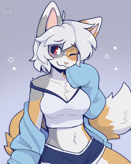 ahoge anthro bangs blue_clothing blue_jacket blue_topwear blush bottomwear breasts chest_tuft clothed clothing collarbone crop_top dipstick_tail female fur grey_body grey_fur grey_hair hair jacket looking_away markings medium_breasts multicolored_body multicolored_fur navel one_eye_closed open_clothing open_jacket open_topwear pink_nose red_eyes shirt short_hair shorts sitting solo tail tail_markings topwear tuft white_body white_fur yellow_body yellow_fur fleurfurr arcanis_(hahaluckyme) domestic_cat felid feline felis mammal cel_shading colored colored_sketch digital_drawing_(artwork) digital_media_(artwork) hi_res shaded sketch