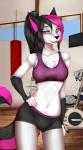 anthro black_body black_bottomwear black_clothing black_fur black_hair black_nose black_tail blue_sky bottomwear bra breasts chest_tuft clothed clothing countershading day detailed_background eyebrows eyelashes female fingerless_(marking) front_view fully_clothed fur gloves_(marking) grey_body grey_fur gym hair half-closed_eyes hand_on_hip inside long_hair looking_at_viewer markings midriff multicolored_body multicolored_fur multicolored_hair narrowed_eyes navel open_mouth open_smile pink_eyes pink_hair pink_tail ponytail pose punching_bag purple_clothing purple_topwear shorts skimpy sky smile solo sports_bra standing tail teeth tongue topwear tuft two_tone_hair two_tone_tail underwear white_body white_fur window goober. jes_(kojotek) canid canine canis coyote domestic_dog husky hybrid mammal nordic_sled_dog spitz 2016 digital_media_(artwork) portrait shaded signature three-quarter_portrait