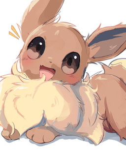 ambiguous_gender blush blush_lines brown_body brown_fur cute_fangs ears_up emanata fangs feral fluffy fur happy head_tilt highlights_(coloring) kemono neck_tuft open_mouth simple_background solo tail tan_body tan_fur teeth tuft white_background floameya nintendo pokemon eevee generation_1_pokemon pokemon_(species) 2026 5:6 absurd_res digital_media_(artwork) hi_res shaded simple_shading
