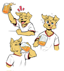 alcohol anthro beverage blue_eyes clothing container cup drunk eyes_closed fur hair male open_mouth shirt simple_background smile solo substance_intoxication topwear white_background yellow_body yellow_fur anjing_kampuss daniel_(anjing_kampuss) canid canine canis domestic_dog mammal hi_res