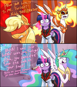 black_border blindfold blood bodily_fluids border clothing crown dialogue female feral gore grimdark group gun handgun headgear horn magic prank ranged_weapon regalia tail tears telekinesis text traumatized trio uniform weapon wings moonatik friendship_is_magic hasbro my_little_pony mythology applejack_(mlp) daybreaker_(mlp) twilight_sparkle_(mlp) earth_pony equid equine horse mammal mythological_creature mythological_equine pony winged_unicorn absurd_res comic english_text hi_res