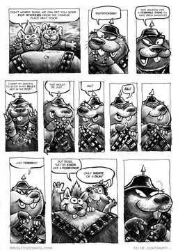 anthro armor belly belly_crush belly_shot big_belly biped dialogue first_person_view floating_eyebrows group headgear helmet high-angle_view male moobs navel nipples open_mouth overweight overweight_male text jwbalsley boss_rat chester_the_rat stinky_the_rat mammal murid murine rat rodent 2025 comic english_text hi_res monochrome