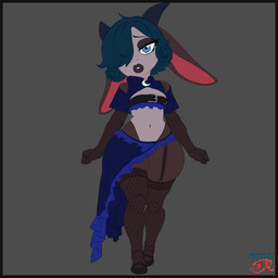 alternative_fashion anthro armsleeves clothing crop_top dress eyeshadow fishnet_clothing frilly frilly_clothing frilly_dress garter_belt garter_straps goth hair_covering_one_eye horn legwear lips lipstick long_ears makeup navel puppet shirt thick_lips thick_thighs thigh_highs topwear wide_hips swiftriff kobold scalie absurd_res hi_res