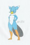 anthro anthrofied beak blue_body blue_eyes breasts empty_eyes featureless_breasts featureless_crotch female hands_on_hips looking_at_viewer multicolored_body nude simple_background solo standing two_tone_body white_background white_body foxydraws palworld pocketpair fuack pal_(species) 2024 colored_pencil_(artwork) hi_res traditional_media_(artwork)