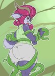 angry anthro big_butt bottomwear bubble_butt butt butt_grab clothing curvy_figure female fur green_background grope hair hand_on_butt horn huge_butt low-angle_view plant purple_body purple_fur purple_hair short_tail shorts simple_background slightly_chubby solo sweater tail tentacles thick_thighs topwear vines voluptuous conditional_dnp daserfomalhaut lovers_of_aether rivals_of_aether absa bovid caprine goat mammal