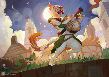 4_fingers ambiguous_gender anthro banjo_(instrument) clothed clothing detailed_background feral fingers fur hair musical_instrument open_mouth outside paws playing_music plucked_string_instrument sky smile solo string_instrument teeth text tongue amarian avian bird digital_media_(artwork) url