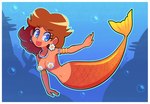 alternate_species blue_eyes border breasts brown_hair female fin hair jewelry mermaidification navel necklace open_mouth open_smile smile solo split_form underwater water white_border galaxy_cowboy mario_bros nintendo princess_daisy humanoid marine merfolk hi_res