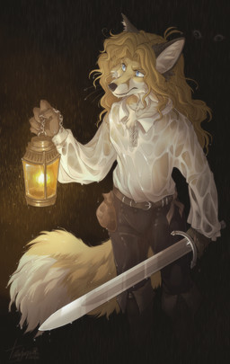 anthro bag biped black_body black_fur blonde_hair blue_eyes boots bottomwear claws clothing finger_claws fluffy fluffy_tail footwear fur hair holding_lantern holding_melee_weapon holding_object holding_sword holding_weapon inner_ear_fluff lamp lantern long_hair male male_anthro melee_weapon multicolored_body multicolored_fur orange_body orange_fur pants pupils raining satchel shirt shoes slit_pupils solo sword tail topwear tuft weapon wet wet_clothing wet_shirt wet_topwear whiskers white_body white_clothing white_fur white_inner_ear_fluff white_shirt white_topwear tatujapa edgar_vladilisitsa canid canine fox mammal 2026 absurd_res digital_media_(artwork) hi_res