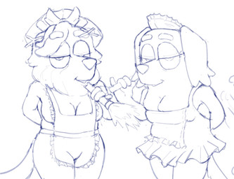 4_fingers anthro apron bare_shoulders bedroom_eyes big_breasts big_eyes biped breasts broom cheek_tuft cleaning_tool cleavage cleavage_overflow clothed clothed_anthro clothed_female clothing curvy_figure dress duo ear_tuft eyebrows eyelashes facial_tuft female fingers floppy_ears frilly frilly_apron frilly_clothing fur fur_tuft half-closed_eyes hand_behind_back head_tuft headdress holding_broom holding_cleaning_tool holding_object humanoid_hands iris legs_together long_eyelashes looking_at_viewer maid_apron maid_headdress maid_uniform mature_anthro mature_female mostly_nude mostly_nude_anthro mostly_nude_female narrowed_eyes pupils raised_finger seductive short_dress smile smiling_at_viewer snout standing tail thick_eyebrows thick_thighs three-quarter_view translucent tuft uniform xthe_real_cjx bluey_(series) calypso_(bluey) mrs._retriever_(bluey) australian_shepherd bird_dog canid canine canis domestic_dog herding_dog hunting_dog mammal pastoral_dog retriever sheepdog 2025 blue_and_white digital_drawing_(artwork) digital_media_(artwork) hi_res monochrome sketch