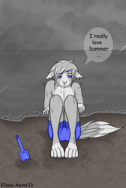 anthro beach biped blue_eyes cloud cold fur grey_body grey_fur grey_hair hair male outside overcast raining sad sand sea seaside short_hair sitting sky solo water white_body white_fur wind eliana-asato domestic_cat felid feline felis mammal 2013 hi_res