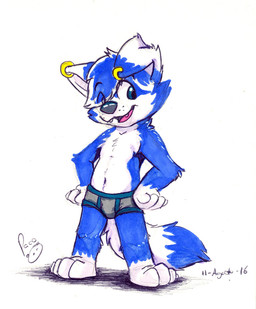 anthro arm_tuft blue_body blue_eyes blue_fur blue_hair cheek_tuft clothed clothing ear_piercing ear_ring elbow_tuft facial_tuft fangs floppy_ears front_view fur glistening glistening_eyes gloves_(marking) hair leg_markings logo male male_anthro markings open_mouth open_smile piercing ring_piercing simple_background smile socks_(marking) solo standing teeth topless tuft white_background white_body white_fur white_hair young young_anthro young_male pandapaco canid canine mammal 2016 artist_logo dated signature